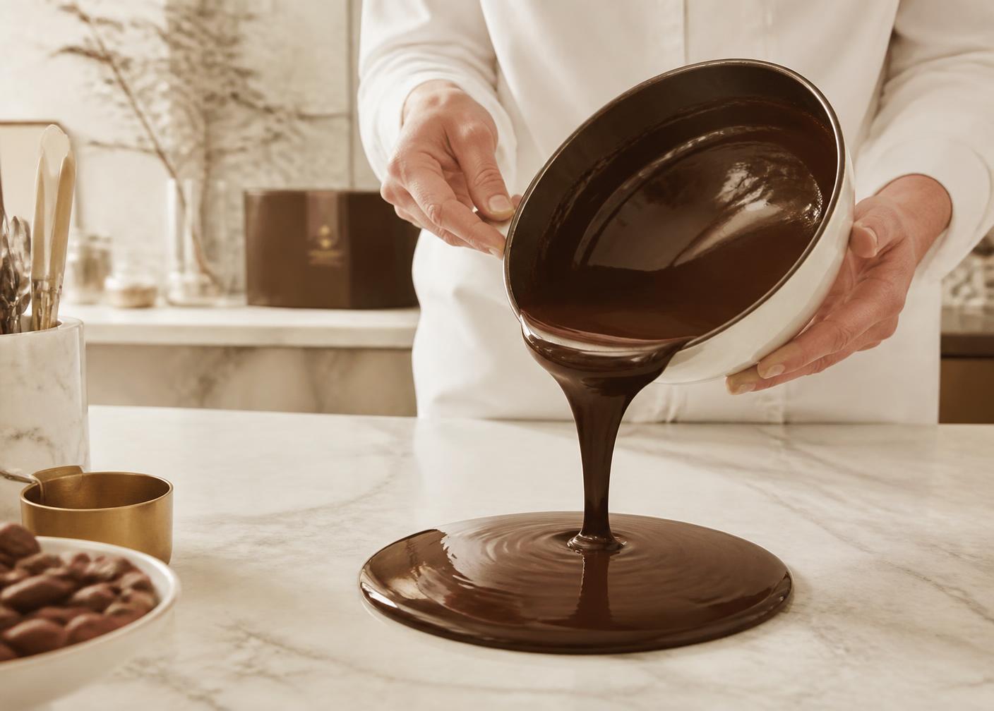 Chocolatier pouring tempered chocolate onto marble