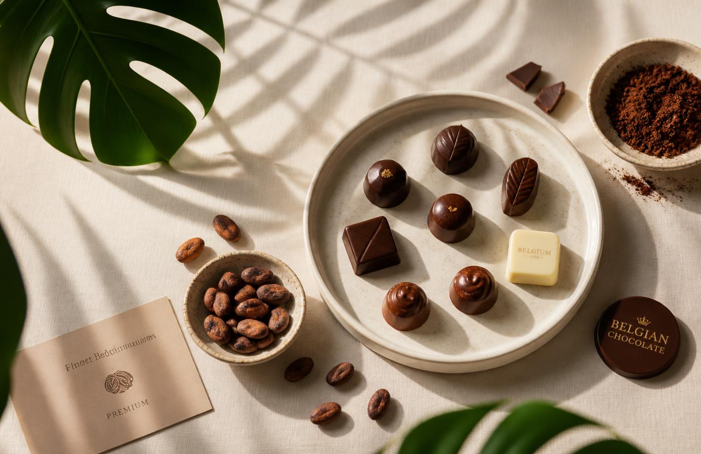 Assorted pralines and cocoa beans on linen